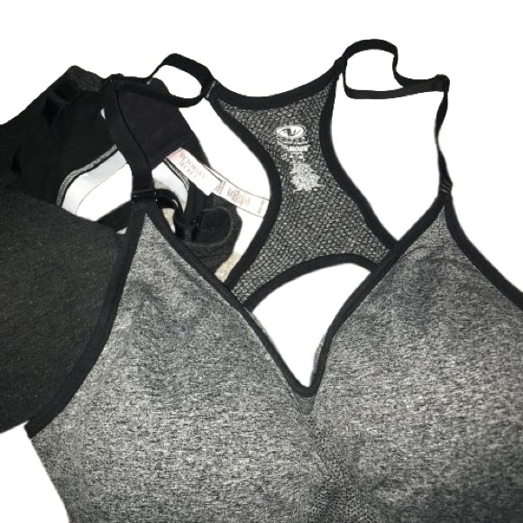 2 Victoria Secret Sport Bra Padded 34DD XXL Set Tec Work Out Like New Grey Black - Picture 3 of 5